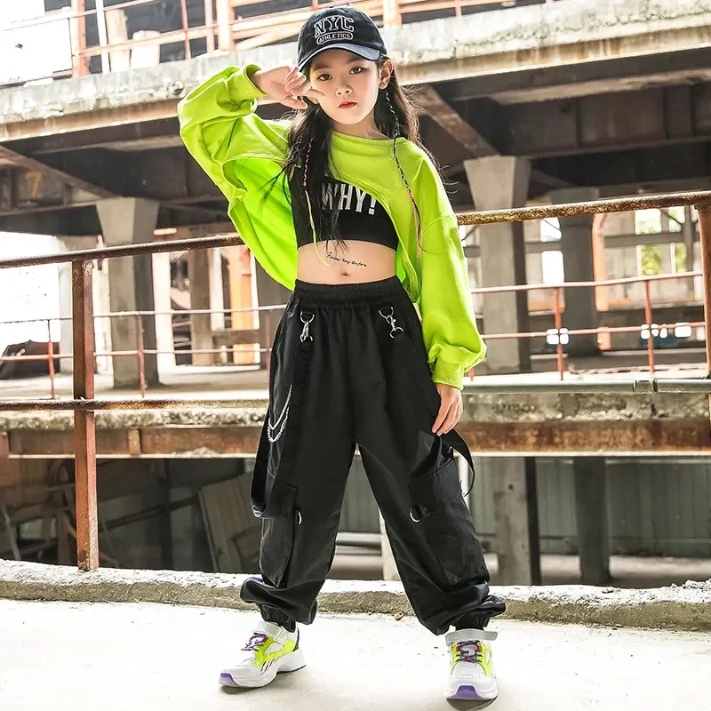

Wear Ballroom Hiphop Costume Stage Rave green Outfit Girls Hip Hop Clothes Green Tops Vest Black Pants For Children Jazz Dance