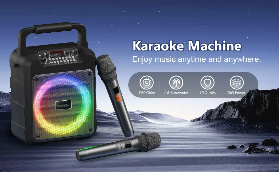 Description Picture 3 of itemPERLEO Adults Kids Portable Bluetooth Karaoke Speaker with Two Wireless Microphones, Bass and Treble for Party/Meeting
