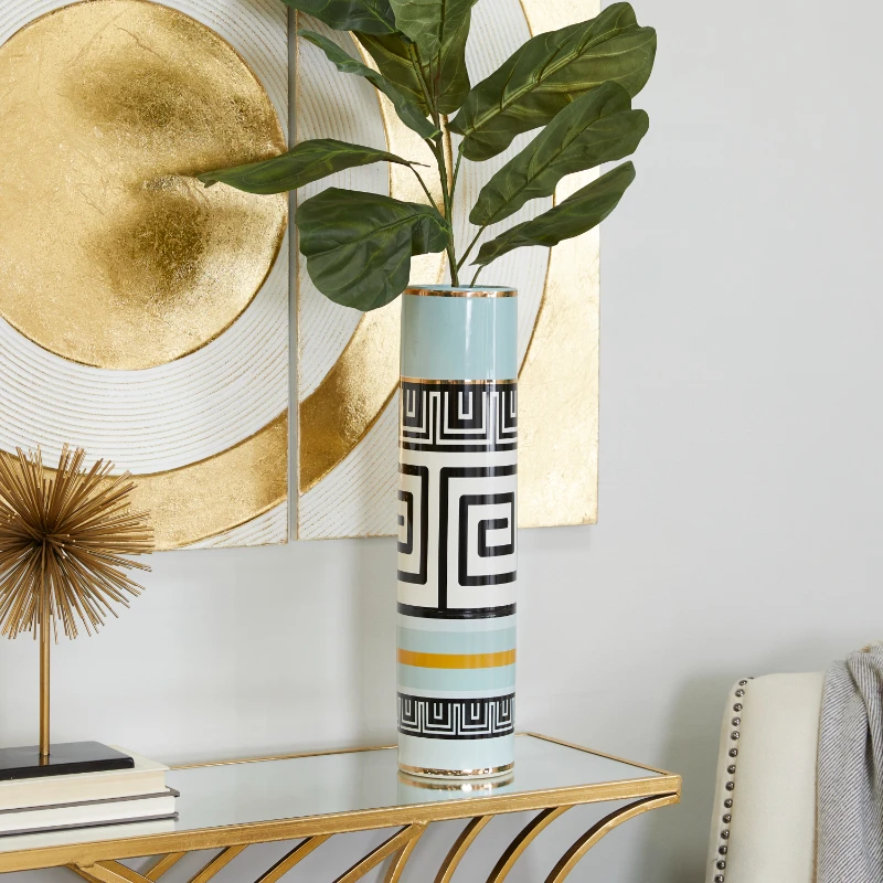 

21" Teal Ceramic Vase with Greek Knot Pattern