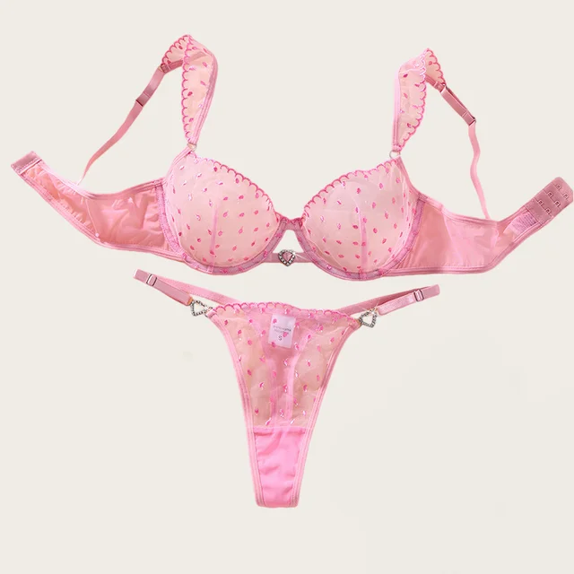 Lingerie audacieuse pour femmes, ensemble soutien-gorge et culotte en Tulle rose, broderie délicate, sous-vêtements romantiques pour femmes, Lingerie intime et Sexy 1