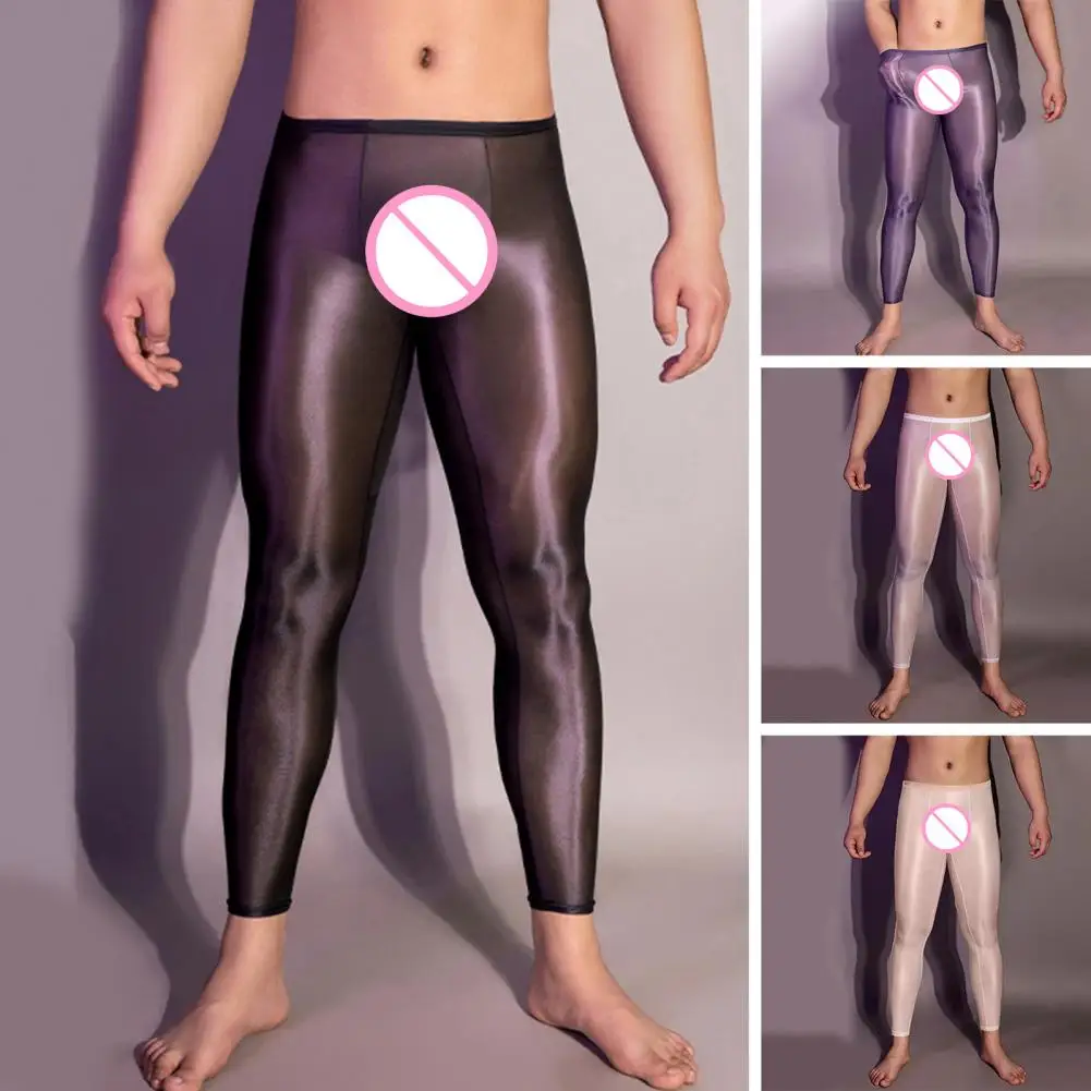 Men Leggings Men's Ultrathin Stretchy Leggings Sexy See-through Oil Glossy Skinny Pants for Comfort Style Mid-waist Leggings 2022 spring new 2 piece set sexy mesh see through bodysuit bodycon leggings skinny stretchy set party nightclub outfits
