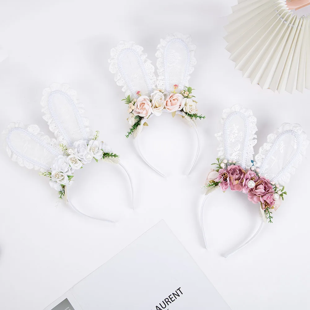 Easter Rabbit Ear Headbands for Girls Floral Pearl Lace Hair Hoop Soft DIY Princess Party Hairband Women Dance Hair Accessories