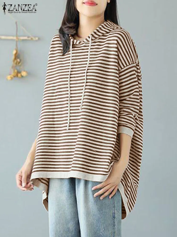 

ZANZEA Women Hoodies Sweatshirts 2023 Autumn Winter Hooded Casual Loose Striped Pullover Long Sleeve High Street Asymmetric Tops