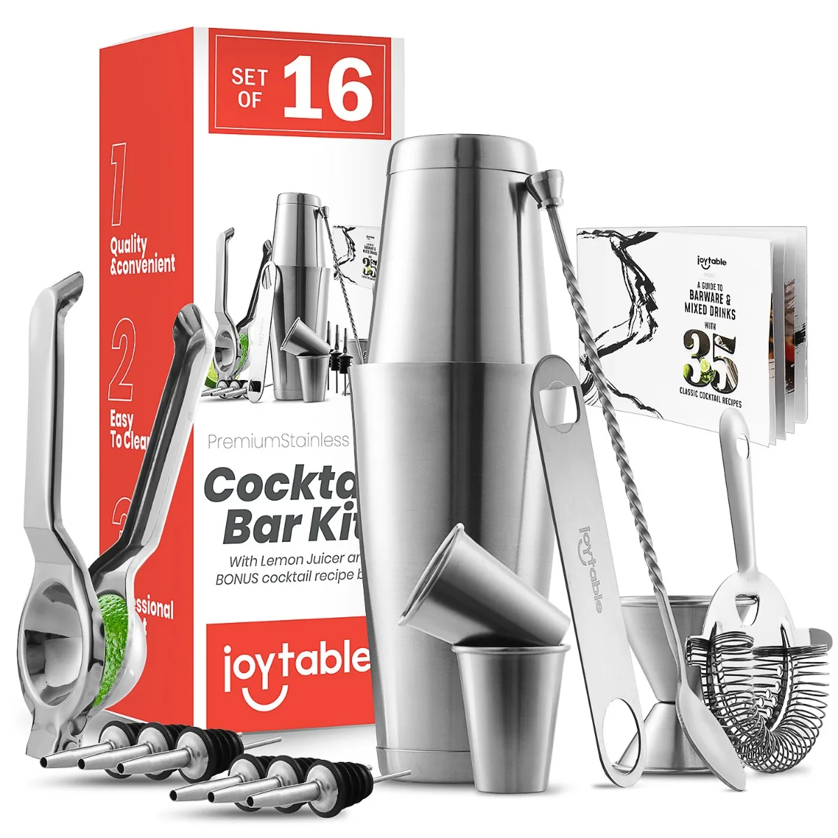 

16Pc Cocktail Set Kit - Bartender Drink Mixer Shaker Bar Tool Set With Lemon Squeezer And Great Recipe