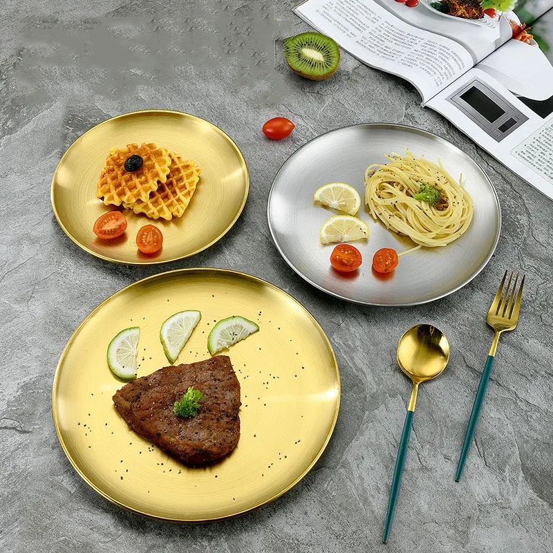 14/17/20/23/26/30cm Stainless Steel Round Plate Korean Golden Single-layer Plate Western Food Dessert Cake Fruit Flat Bottom