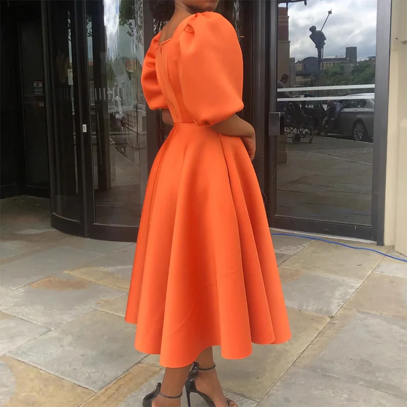 Plus Size Dress for Women SummerSolid Color Square Collar Puff Short Sleeve Zipper High Waist Elegant Basic Large Hem Midi Dress