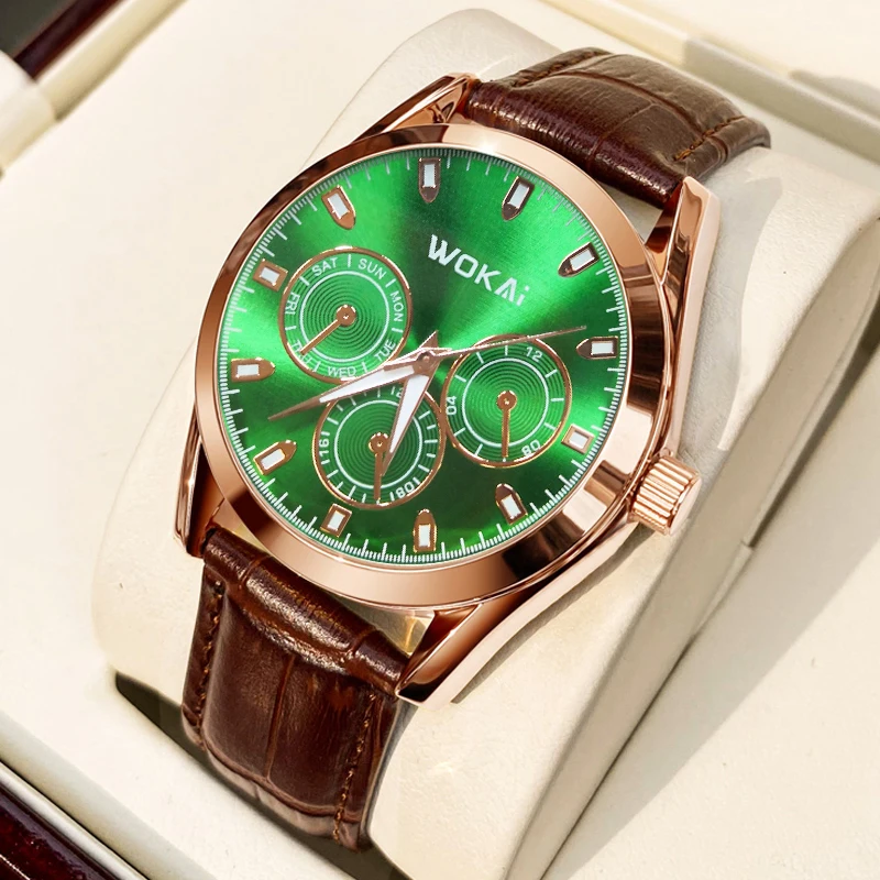 WOKAI high quality casual fashion classic green men's leather belt quartz watch men's business sports clock simple retro