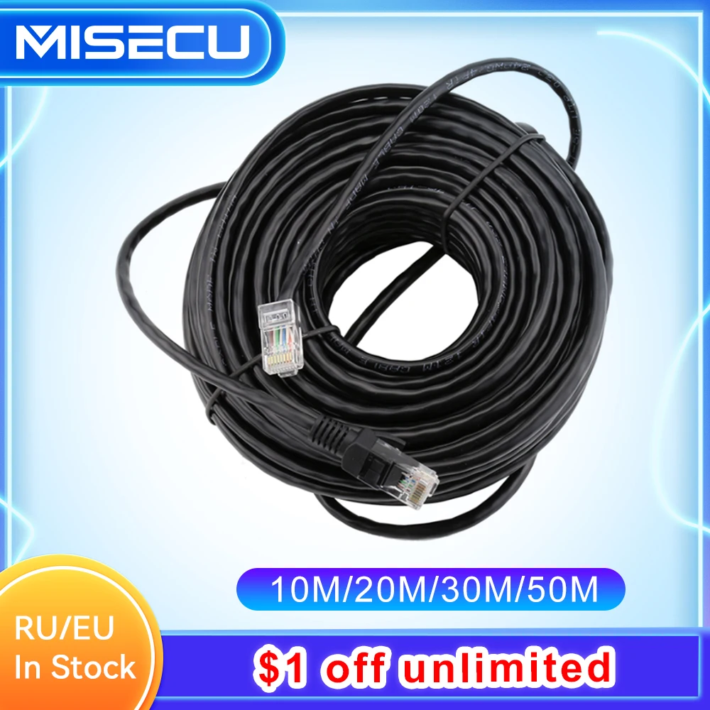 MISECU10M 20M 30M 50M cat RJ45 Patch Outdoor Waterproof Lan Cable Cord Network Cables Black Color For CCTV POE IP Camera System