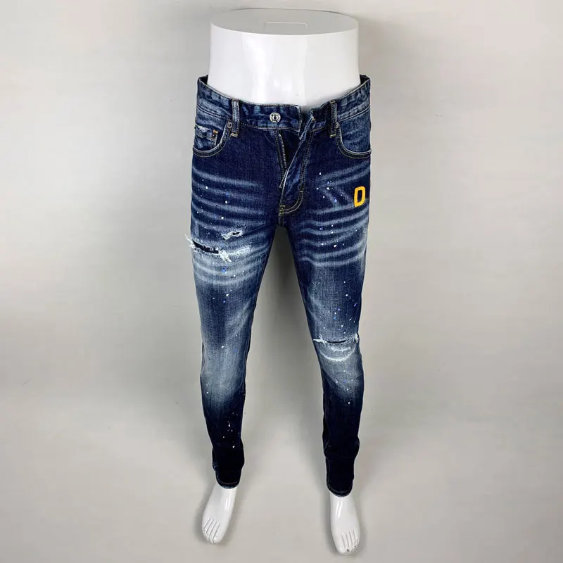 Street Fashion Men Jeans High Quality Retro Blue Elastic Slim Fit Ripped Jeans Men Embroidery Designer Denim Brand Pants Hombre