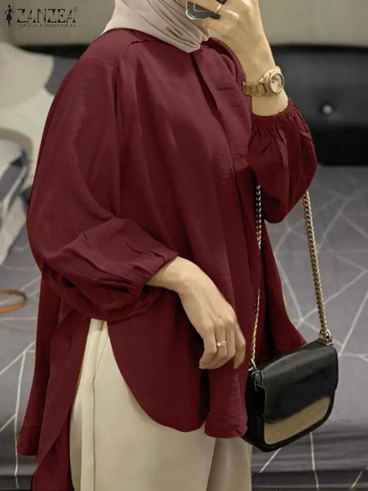 

ZANZEA Vintage Turkey Muslim Blouse Woman Puff Sleeve High Low Tops Fashion Solid Blusas Mujer Female Casual Islamic Clothing