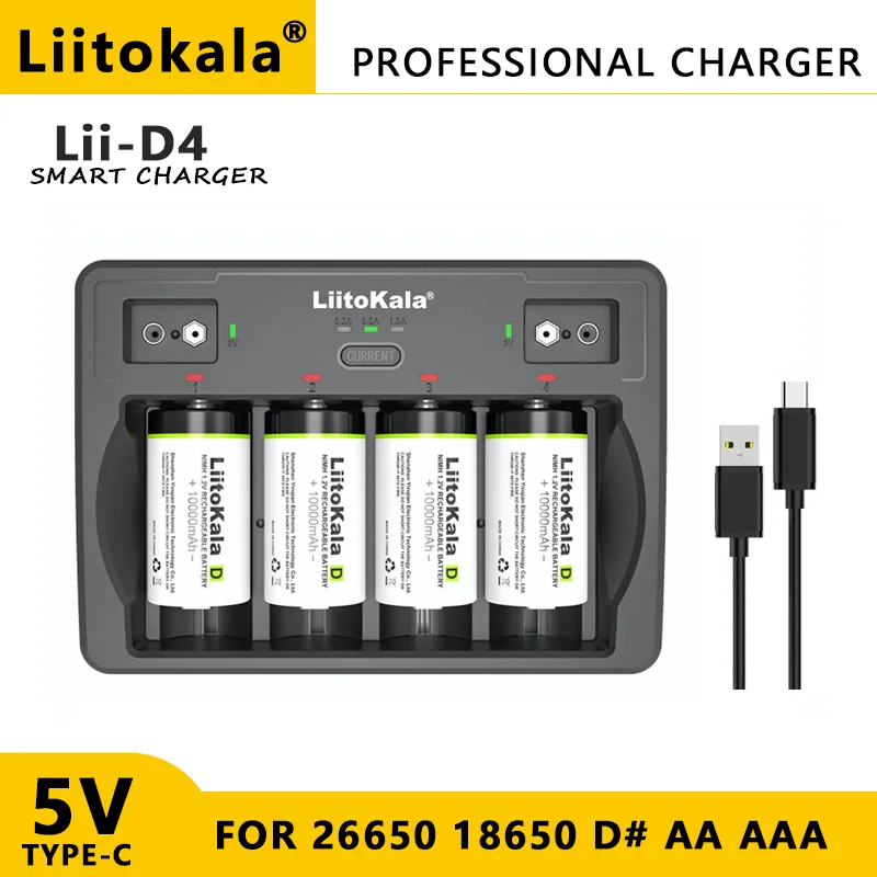 

LiitoKala Lii-D4 9V 26650 18650 21700 18500 26700 16340 22650 AA AAA C SC D 3.7V 1.2V Lithium NiMH Smart Battery Charger