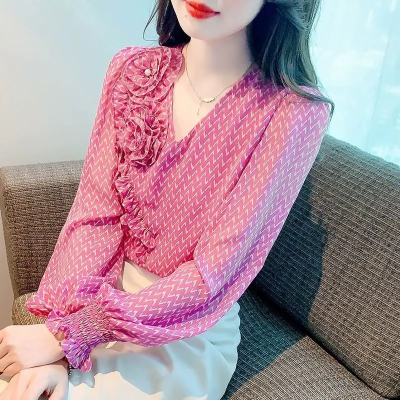 Spring Autumn New Women's Pullovers Retro and Chic Small Floral V-neck Splicing Ruffles Simplicity Slim Long Sleeve Chiffon Tops