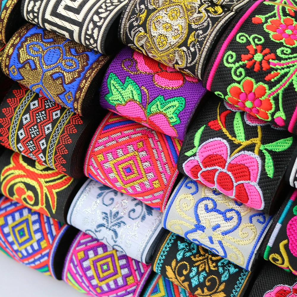 7 Meters 50mm 2 Inch Vintage Ethnic Embroidery Flowers Ribbon Boho Lace  Trim DIY Clothes Bag Accessories Embroidered Fabric