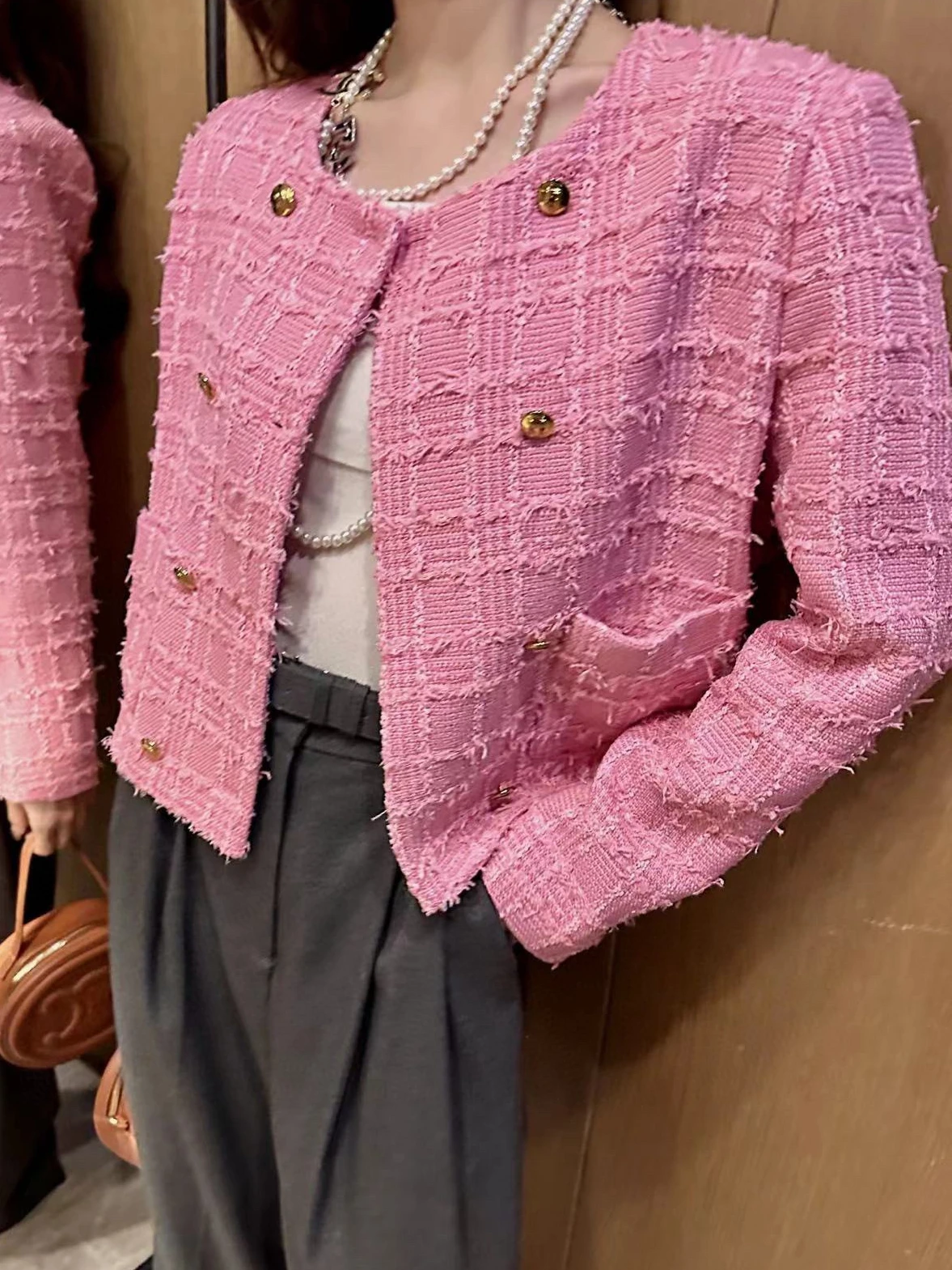 

2023 New Korean Sweet Pink Short Tweed Coat Women O-neck Fashion Double-breasted Weave Jacket Outwear Women Tops Casaco Feminino