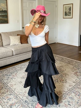 Solid Layered Ruffle Flare Pants High Waist Tiered Wide Leg Chic Palazzo Trousers 2026 Summer Fashion Boho Casual Lady Outfit
