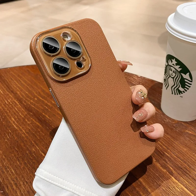 Elegant Leather Texture Silicone Case with Glass Camera Lens Protection - Shockproof Cover