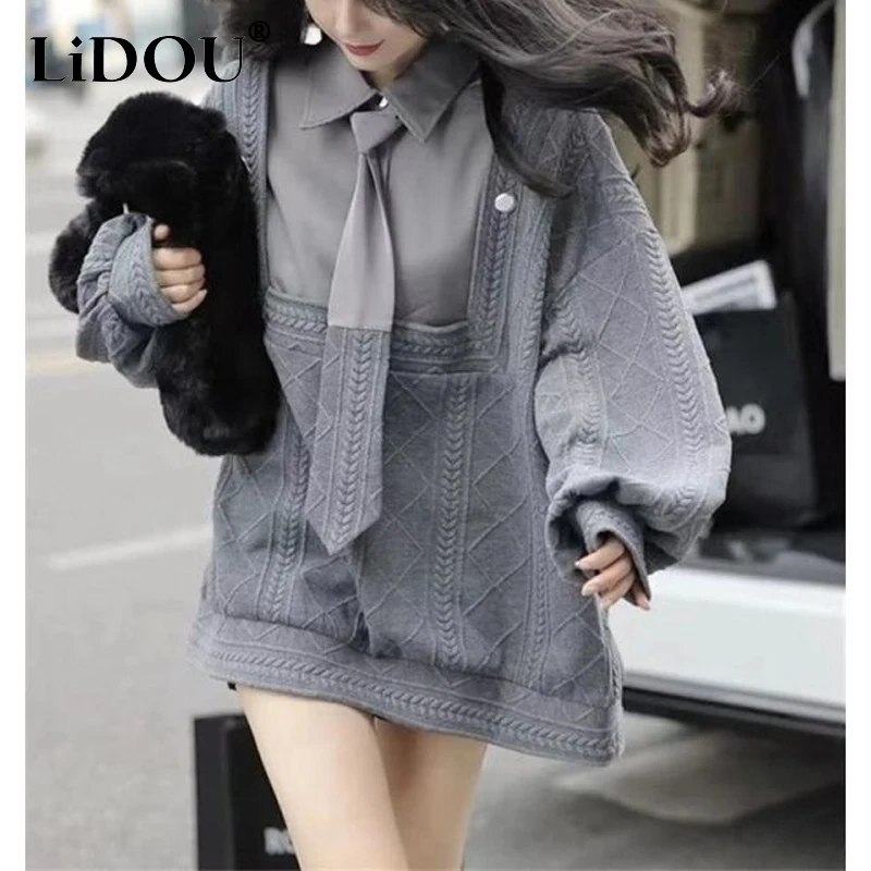 2023 Autumn Winter POLO Collar Long Sleeve Shirt Women Casual Loose Mid-length Jacquard Weave Fake Two Pieces Button Pullovers