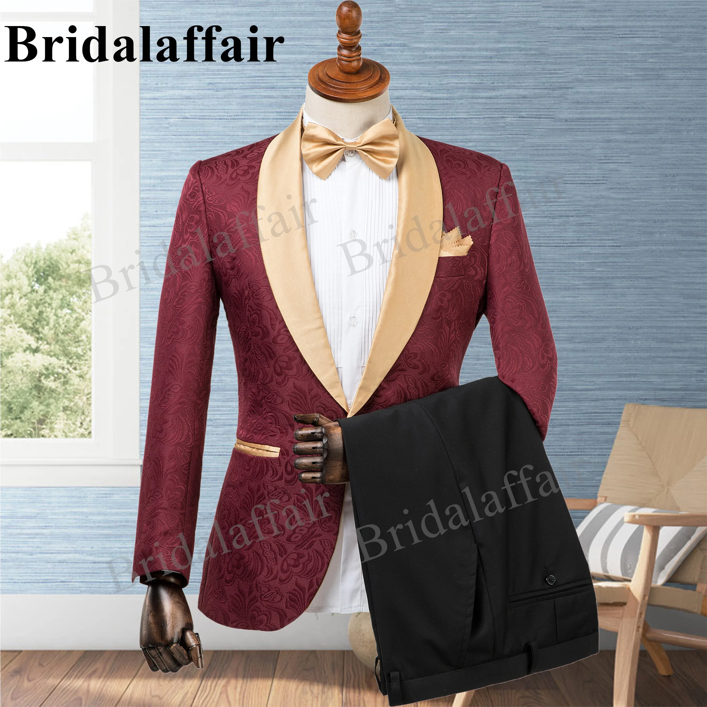 Bridalaffair Mens Pink Suits Wedding Suits Tuxedo for Men 2pcs Blazer Coat Pant Set Slim Fit Printed Shawl Lapel Costume Homme