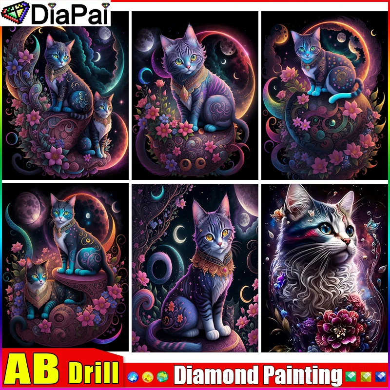 

Алмазная 5D Вышивка DIAPAI AB с изображением кота, Луны, цветка, полноразмерная круглая/квадратная алмазная живопись «сделай сам», вышивка крестиком, украшение для дома