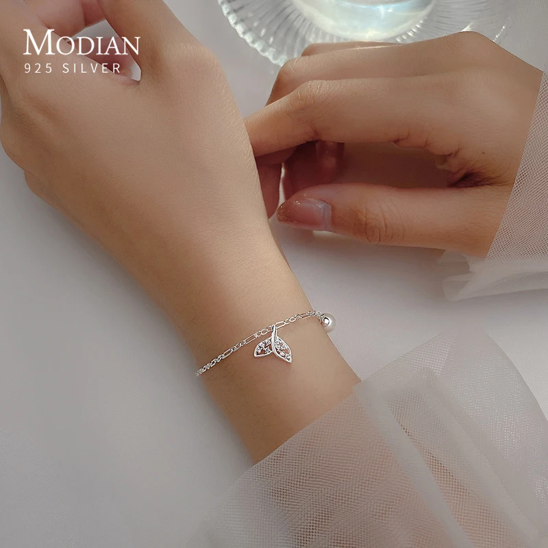 MODIAN Delicate Peal Bracelets 925 Sterling Silver Beads Mermaid Tail Charm Adjustable Figaro Chain Anklet For Women Jewelry