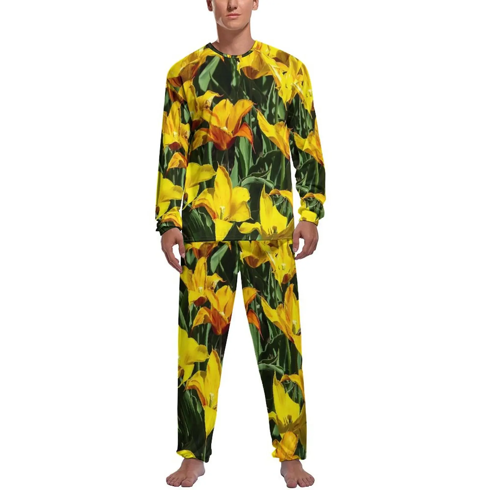 

Lily Floral Tulips Pajamas Autumn Two Piece Flower Print Elegant Pajama Sets Man Long-Sleeve Bedroom Printed Nightwear