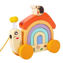 

Cute Cartoon Wooden Snail Rally Car Toys Children Snail Stacking Building Blocks Wooden String Pull Rope Trailer Educational Toy