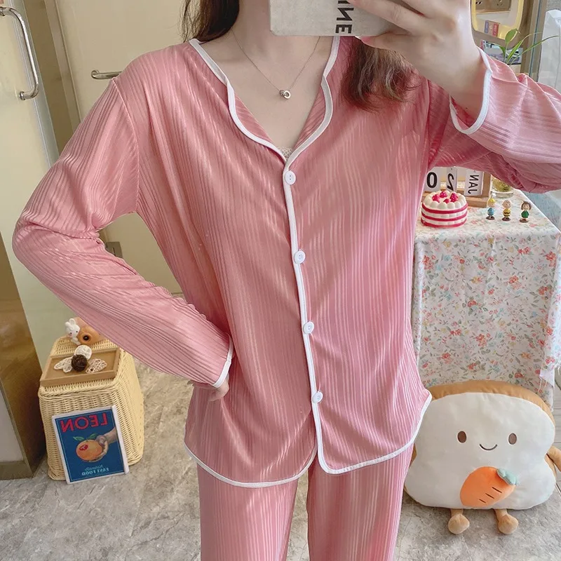 Spring and autumn women's pajamas printed double long pit strip milk silk 180k cardigan small lapel home clothes 2-piece set