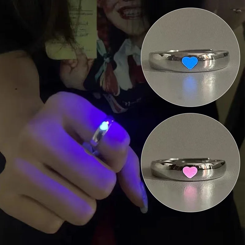 Luminous Love Heart Finger Ring Glow In Dark Fashion Adjustable Couples Rings Silver Color Pink Blue Light Jewelry Lover Gift couples rings finger ring silver ring adjustable rings