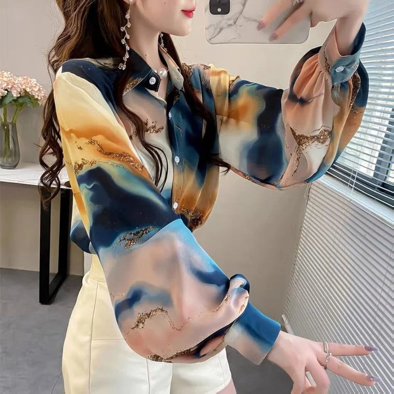 

Women's Long Sleeve Top Women's Chiffon Print Shirt Korean Fashion Designer Trumpet Sleeve High Quality Office Loose Grace Retro