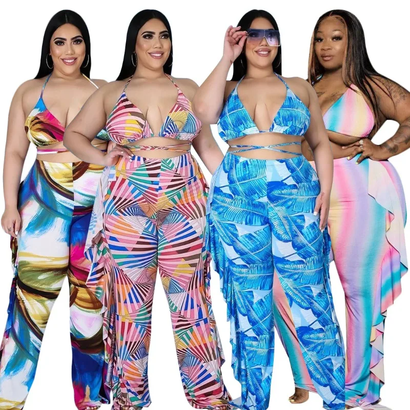 

PZHK Chubby Women Swimsuits Three Piece Plus Size Women Swimwear Ruffled Beach Cover Up Pants Bikinis Woman Swimwear