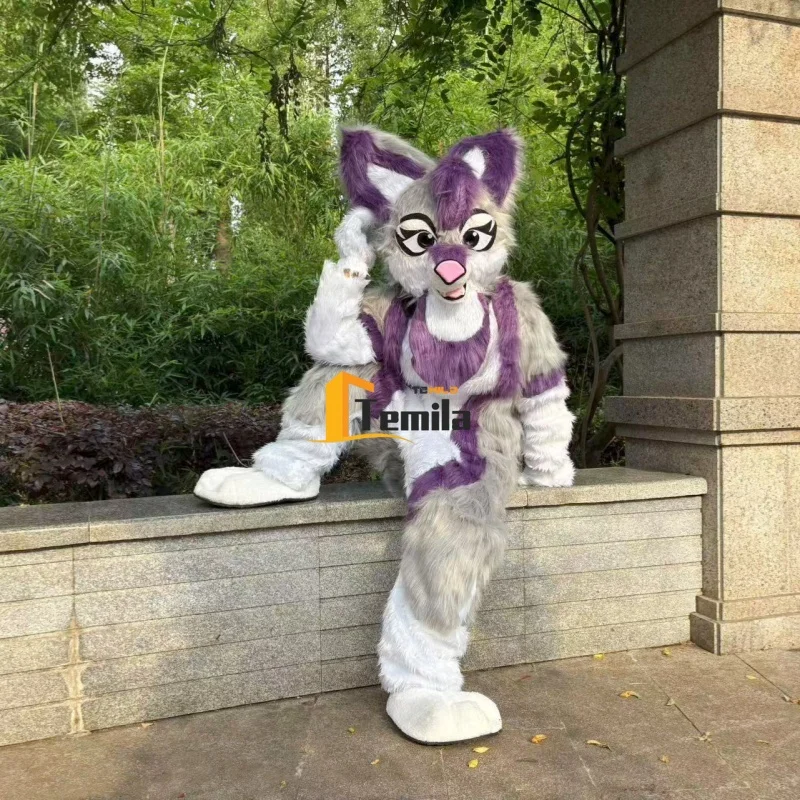 Adult size Long Furry Husky Dog purple Fox Fursuit Wolf Mascot