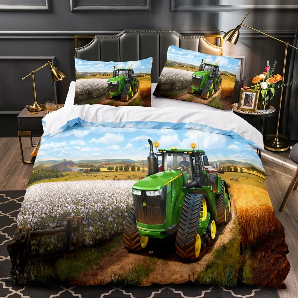 Boys Tractor Printed Bedding Set Men Construction Cars Pattern Comforter Cover For Kids Heavy Machinery Vehicles Duvet Cover