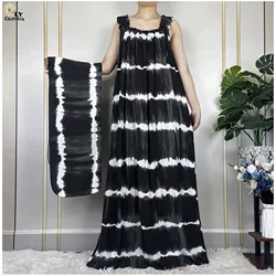 New Dubai Fashion Elegant Women Summer Sleeveless Cotton Printed Flowers Loose Dress African Dashiki Maxi Lady Dress With Scarfs