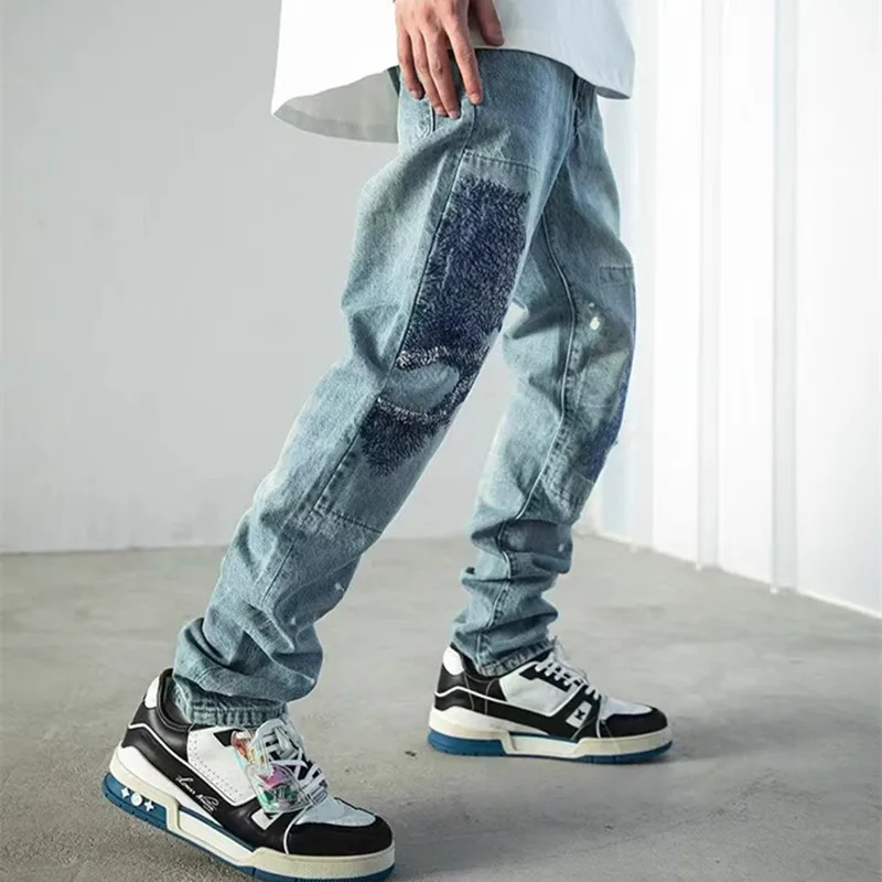 Y2K Streetwear Patch Embroidery Ripped Stacked Jeans Pants Men Clothing Straight Old Hip Hop Denim Trousers Pantalon Homme