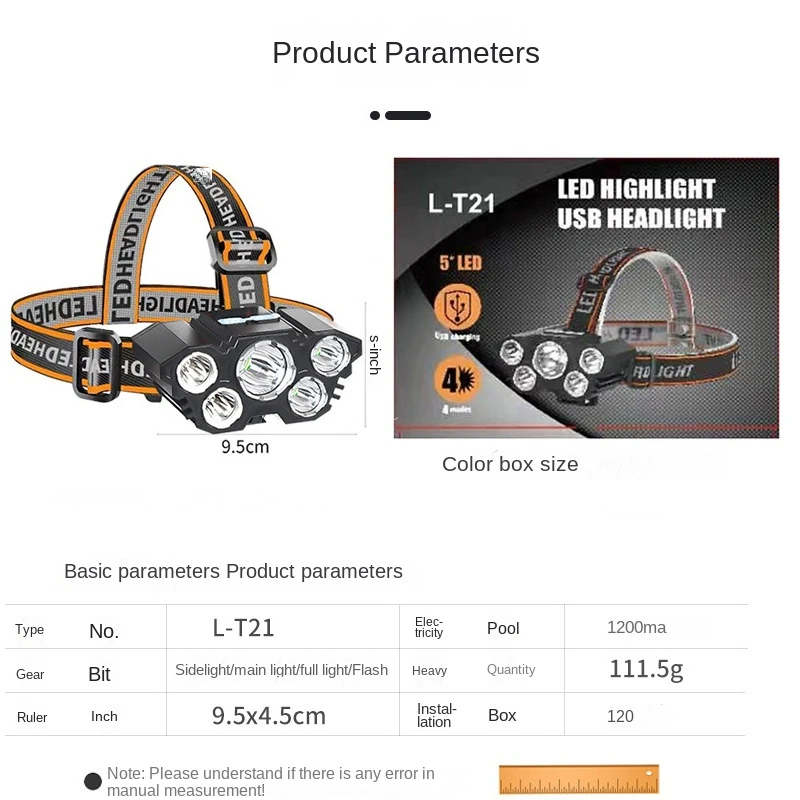 USB Rechargeable Headlamp Portable 7LED Headlamp Built-in Battery Flashlight Portable Sailor with Lighting Marine Accessories