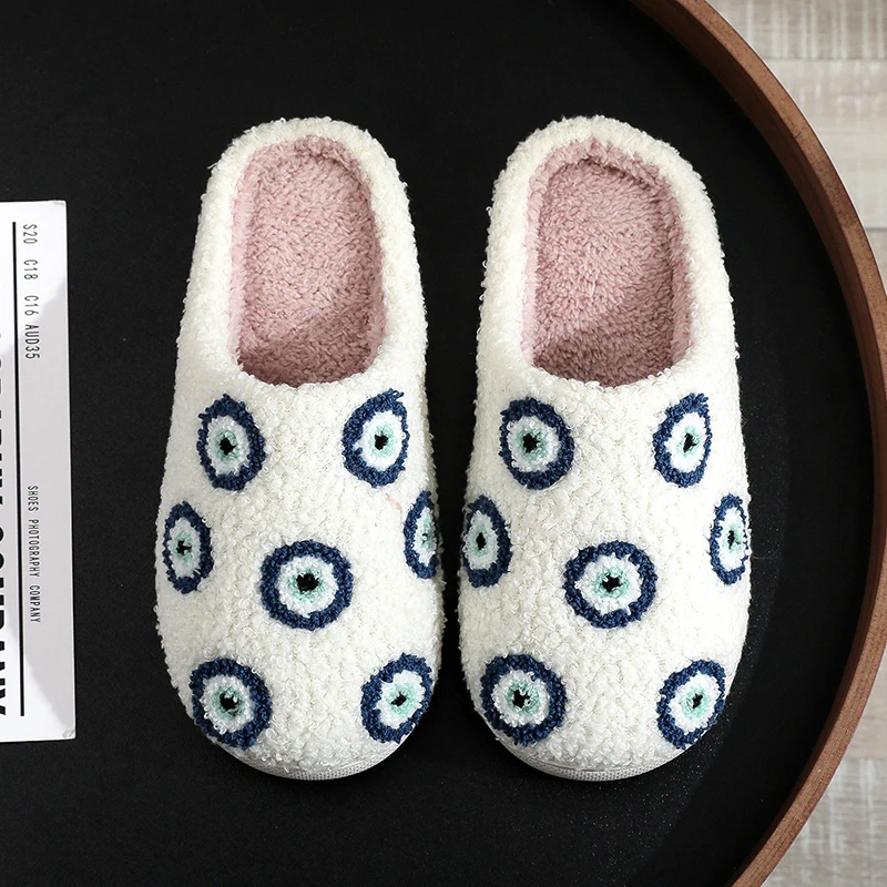 2025 Fashion Eyes Embroidery Plush Slippers Women Indoor Soft Sole Home Cotton Shoes Woman Comfortable Non Slip Flats Slides