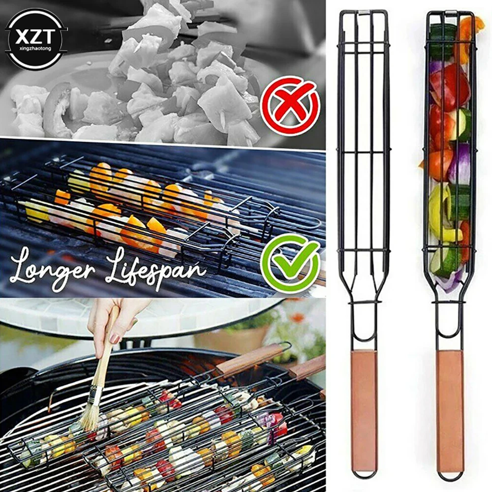 Camping Barbecue Grilling Basket Charcoal Grill Mesh Outdoors Picnic BBQ Tools Portable Stainless Steel Nonstick Roasting Meat