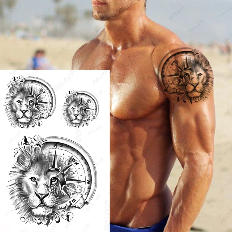 Clock Gears Lion Compass Vine Tattoos for Men Stickers Body Arm Art Waterproof Temporary Tattoo Neck Hand Fake Tatoos for Women