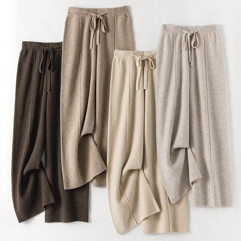 

High Waist Cashmere Wide-Leg Pants Women's Casual Draping Wool Mopping Outer Wear Knitted Autumn Winter K49