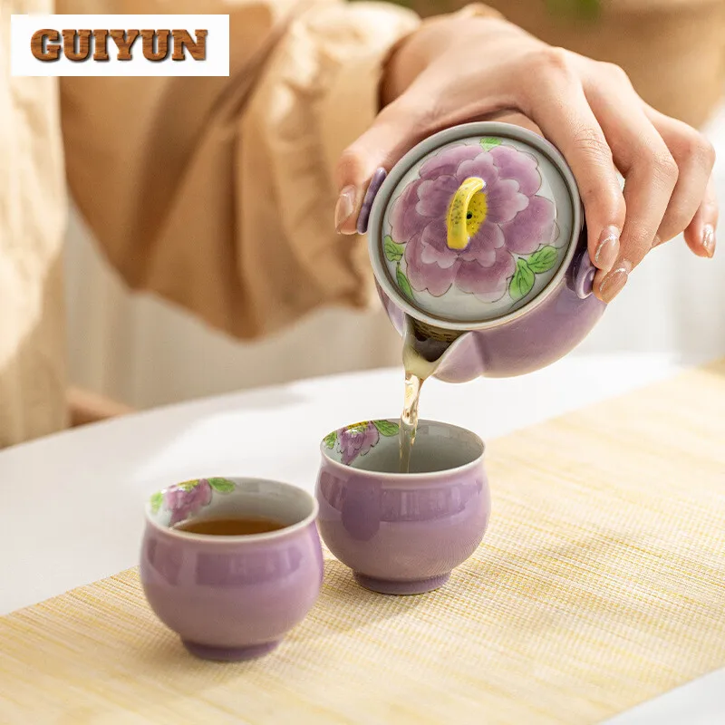 Hand Drawn Purple Peony Travel Tea Set Boutique Hand Grasp Pot Tea Set Kit Elegant 1 Pot 2 Cups Maker Stock Bags Decoration