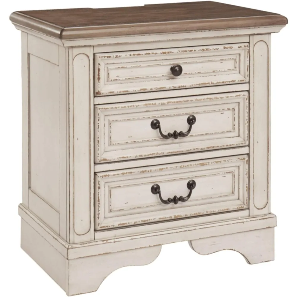 

Nightstand, Chipped White, Electrical Outlets & USB Ports, French Country 3 Drawer Nightstand