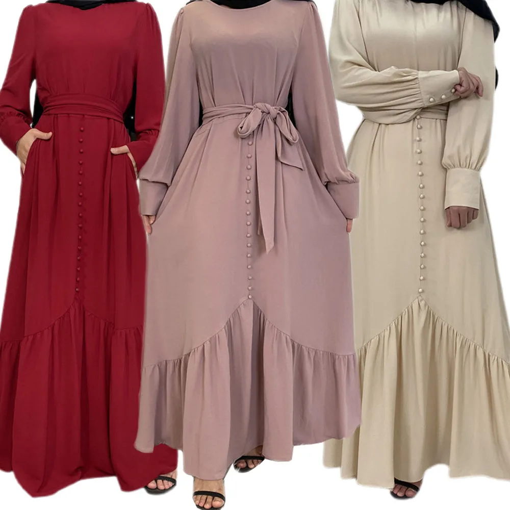 

Women Long Dress Muslim Islamic Arabic Abaya Eid Ramadan Dubai Kaftan Buttons Ruffle Spring Autumn Robe Middle East Turkish