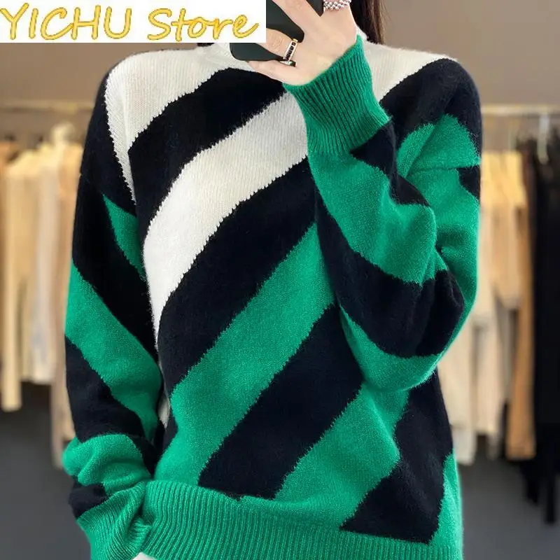 

New Women's Clothes Merino Wool High Neck Color Blocking Thickened Sweater Knitting Pullover Top Casual