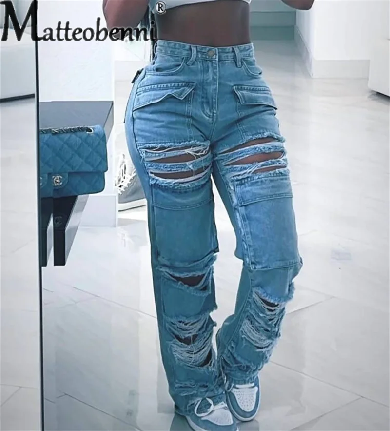 Street Trend Broken Holes Straight Jeans Women's Casual Splicing Button Pocket Denim Pants Female 2023 Fashion Trousers Overalls