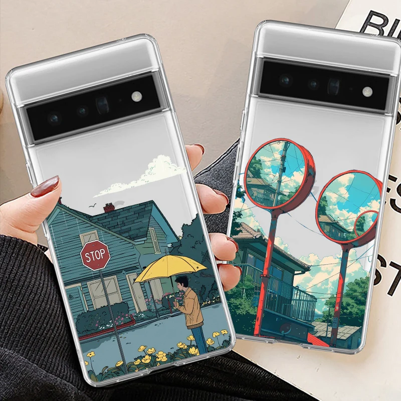Cute Japanese Anime Landscape Transparent Phone Case - Retro Illustration Soft Cover s
