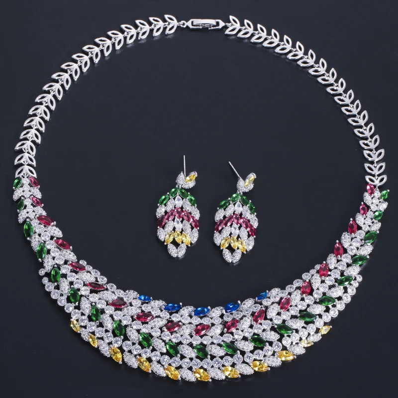 

ThreeGraces Multicolor Cubic Zirconia Luxurious African Dubai Necklace and Earrings Bridal Wedding Jewelry Sets for Women TZ883