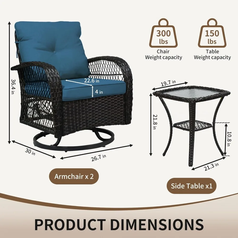 3 Pieces Patio Furniture Set, Outdoor Wicker Patio Chairs with Thick Cushions and Glass Coffee Table, Modern Conversation Set 2