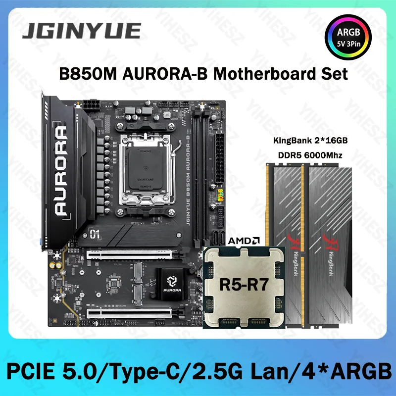 JGINYUE B850M AURORA-B Motherboard Set Supports AMD AM5 7000/8000/9000 Series 2x16GB DDR5 Dual-Channel M.2 NVMe ARGB 5V 3-Pin