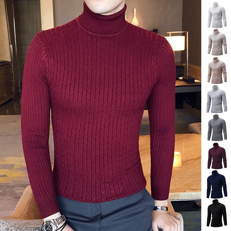 

Autumn And Winter Men's Turtleneck Sweater Warm Fashion Solid Color Slim Pullover Men's Knitted Sweater Bottoming Shirt