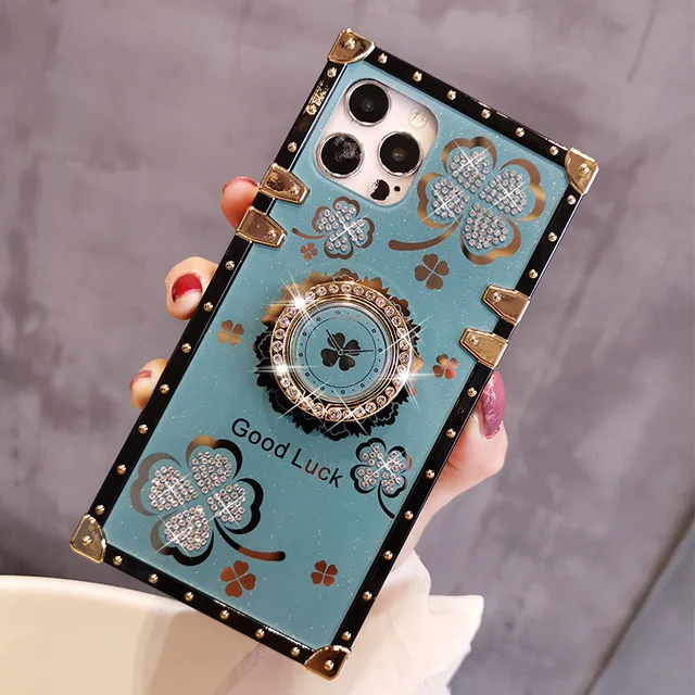 Luxury Diamond Ring stand Square Phone Case For iPhone 11 12 13 14 Pro Max X XR Xs 7 8 Plus SE2020 Four Leaf Clover Cover